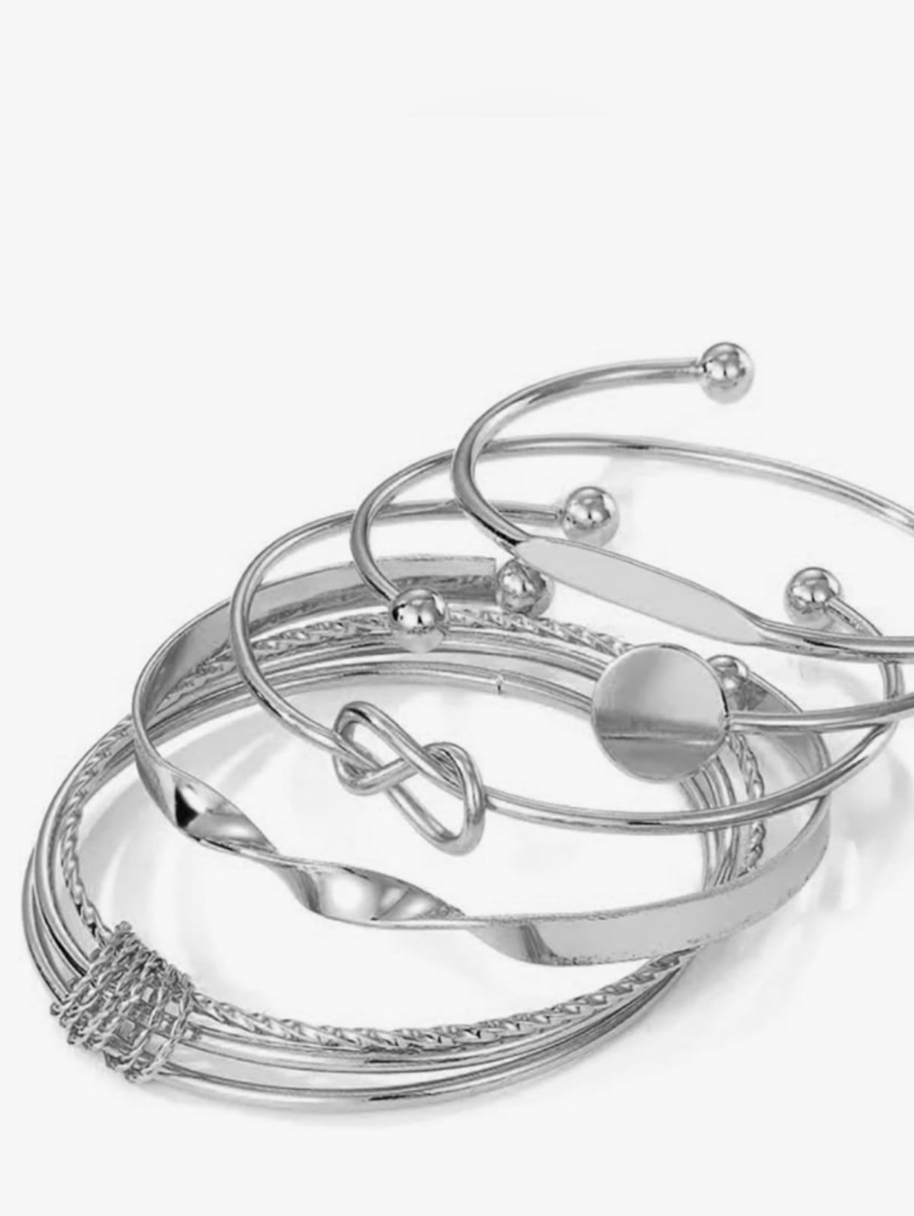 Modern Silver-Tone Stackable Bangle Set 5-Piece Minimalist Layering Bracelet Set